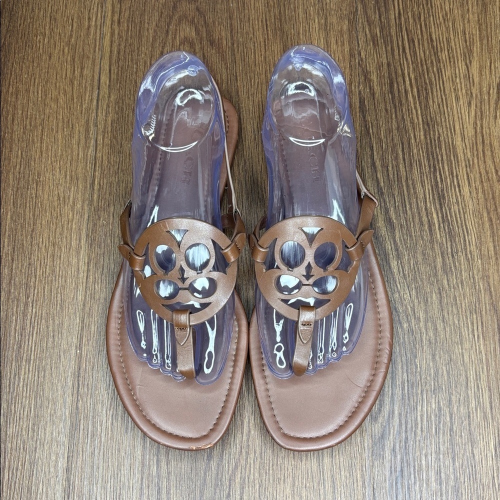 Coach C Logo Thong Sandals Brown Leather Flip Flops Size 8.5